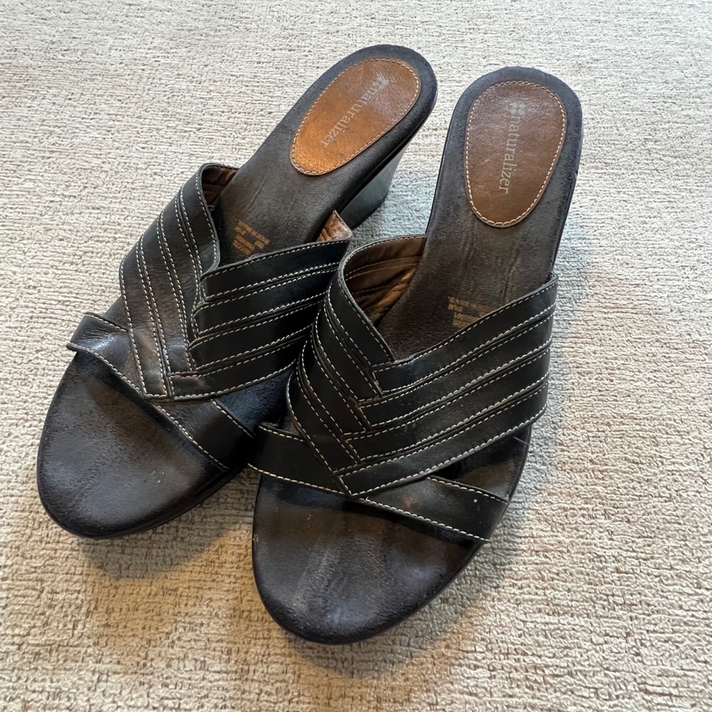 Naturalizer Breeza Brown Leather Wedge Sandals Slide Mules Contrast Stitch 8.5M